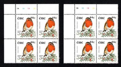 2002-04 Ireland Tenth Definitive Stamp Series Birds 44c Robin Plate Block 1A1A1A1A & 1B1B1B1B Mint Never Hinged (MNH)