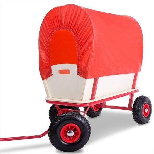 Handcart heavy duty  holds  up to 180 kg Handcart Wood up to 180 kg 4 Profile Pneumatic Tyres Hand Trolley Transport Trolley All-Round Steel Tube Frame Red Garden Trolley