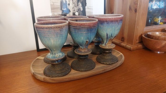 Wonderful Pair of Studio Art Pottery Goblets by Martin Branch Lyre Pottery, Cloncorban, Rossmore, Clonakilty, West Cork in a Fabulous Colourful Variegated Glaze. Pair Two