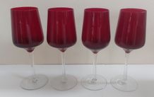 Fabulous Set of Four Hand Blown Ruby Red/Clear Stemmed Large Universal Shaped Wine Glasses in Excellent Condition