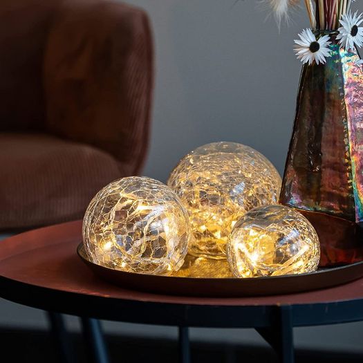 Crackle Glass Ball Lights Set 3  8,10,12 cm Globes | Decorative Indoor Table Lighting | with Warm White LED String | Battery Operated Table Lamps | Mood Fairy Light Night Lamp | Table Decor