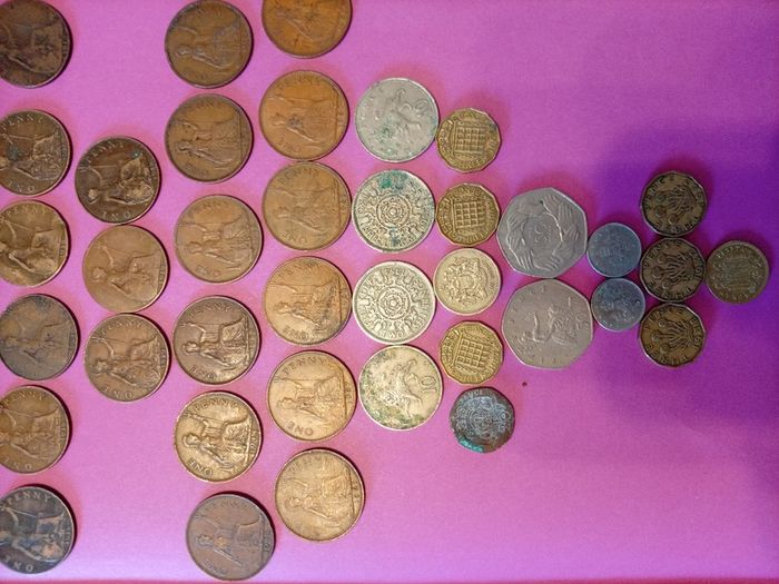Vintage Pre-Decimal British Coin Job Lot (Pennies, 3d, Shillings & 1973 EEC 50p)
