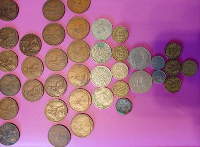 Vintage Pre-Decimal British Coin Job Lot (Pennies, 3d, Shillings & 1973 EEC 50p)