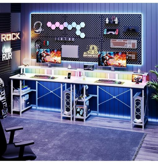 120x50cm Gaming Desk with LED Lights & Power Outlets,White Storage Shelves, Dual Monitor Stand, Home Office & Study, Work from Home, Bedroom, Small Spaces, Dorm, Space-Saving, Students