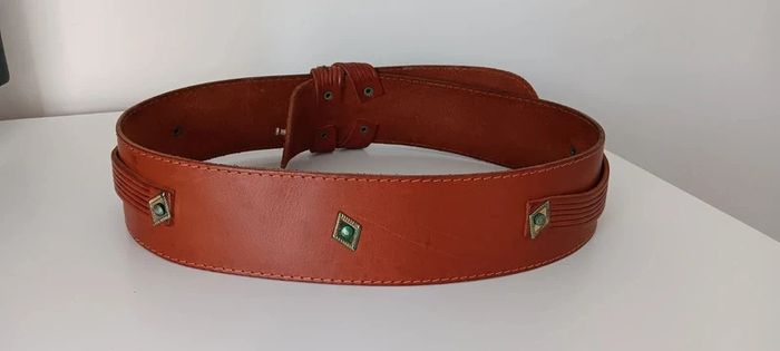 Thick Curved Brown Leather Belt with Studs