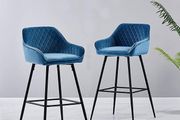 Set of two Bar Stool, Counter Stool, Bistro Stool, Set of 2, Velvet Padded Bar Chairs with Armrest, Fashionable Stool with Black Metal Legs for Kitchen, Bistro and Counter (Teal, 2)
