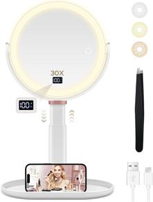 Beauty Planet Magnifying Mirror with Light 30X/1X, Height Adjustable Makeup Mirror with Digital Display, Detachable for Travel, Bathroom Vanity Mirrors with Cell Phone Holders and Tweezers