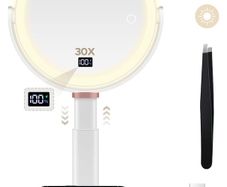 Beauty Planet Magnifying Mirror with Light 30X/1X, Height Adjustable Makeup Mirror with Digital Display, Detachable for Travel, Bathroom Vanity Mirrors with Cell Phone Holders and Tweezers