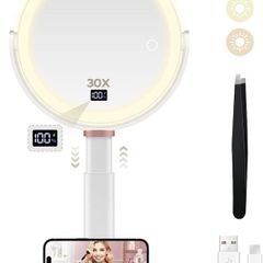 Beauty Planet Magnifying Mirror with Light 30X/1X, Height Adjustable Makeup Mirror with Digital Display, Detachable for Travel, Bathroom Vanity Mirrors with Cell Phone Holders and Tweezers