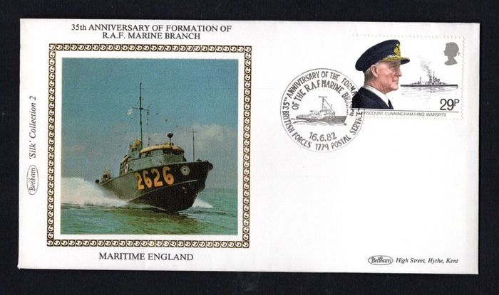 1982 Great Britain Benham Silke Cover showing  35th Anniversary of RAF Marine Branch with linked cancel tying 29p Viscount Cunningham and H.M.S. Warspite commemorative stamp