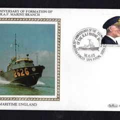 1982 Great Britain Benham Silke Cover showing  35th Anniversary of RAF Marine Branch with linked cancel tying 29p Viscount Cunningham and H.M.S. Warspite commemorative stamp