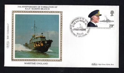 1982 Great Britain Benham Silke Cover showing  35th Anniversary of RAF Marine Branch with linked cancel tying 29p Viscount Cunningham and H.M.S. Warspite commemorative stamp