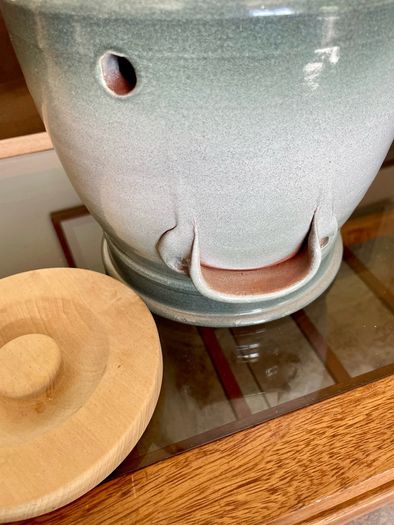 Handcrafted Kiltrea Bridge Pottery Stoneware Onion Crock Smooth Sage Green Glaze Embossed Onion Crock