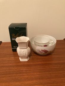 Vintage small Belleek Vase with Antique Bone China Bowl & Cup