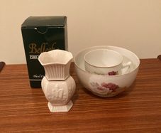 Vintage small Belleek Vase with Antique Bone China Bowl & Cup