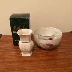 Vintage small Belleek Vase with Antique Bone China Bowl & Cup