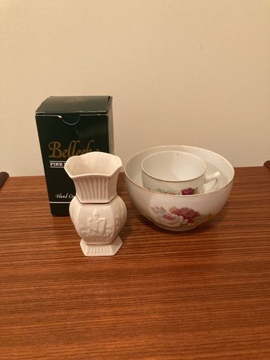 Vintage small Belleek Vase with Antique Bone China Bowl & Cup