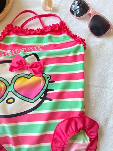 Kids Sanrio Hello Kitty Pink and Green Striped One Piece Swimsuit