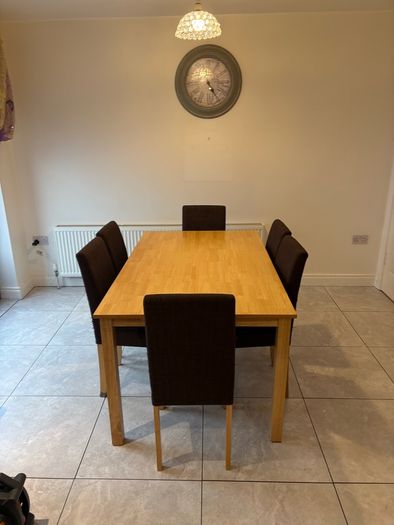 Table & 6 Brown Fabric Chairs