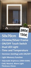 LED Bathroom Mirror 50x70cm Antifog Chrome Silver