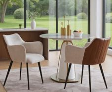 Set of 2 Kitchen Chairs PU Leather & Linen Beige | Modern Dining Chair with Metal Legs