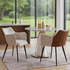 Set of 2 Kitchen Chairs PU Leather & Linen Beige | Modern Dining Chair with Metal Legs