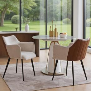 Set of 2 Kitchen Chairs PU Leather & Linen Beige | Modern Dining Chair with Metal Legs
