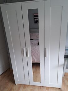 Wardrobe for sale. Dimensions: Width: 117, Depth: 50, Height: 190. All measurements in centimetres.  One mark on left side as can be seen in photo. Will require a van or large trailer and two strong people to carry it down a flight of stairs.