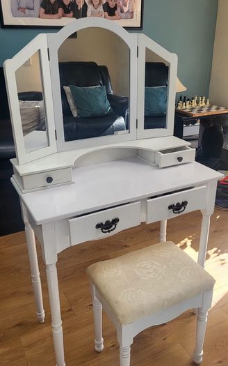 White dressing table with mirror and stool