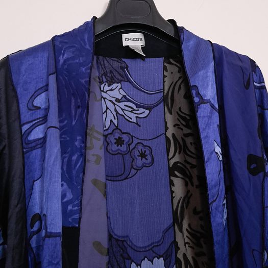 Chico's Blue & Black Patchwork Floral Print Silk Sheer Open-Front Kimono Duster 10-14UK/38-42EU