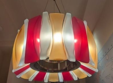 Chandelier. / Coloured glass shade.  red,white & orange
