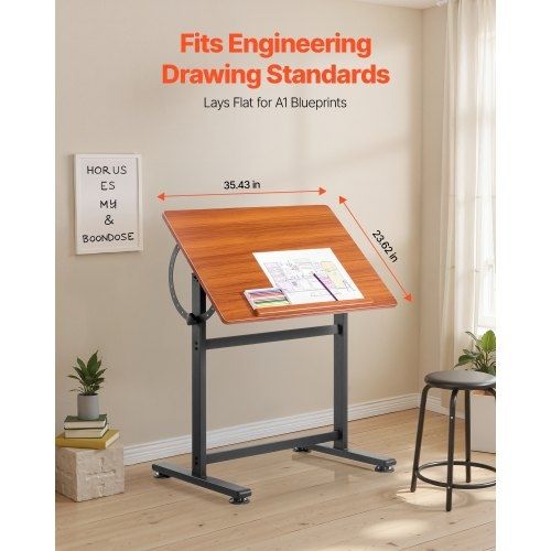 Drafting Table, Adjustable 0-90 Tilt Drawing Desk, Portable Artist Table with Black H-Frame and Brown Desktop