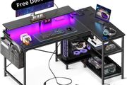 L Shaped Gaming Desk with LED Lights, 120 x 80 cm Computer Desk with Power Outlet