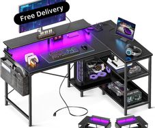 L Shaped Gaming Desk with LED Lights, 120 x 80 cm Computer Desk with Power Outlet