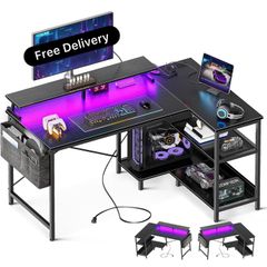 L Shaped Gaming Desk with LED Lights, 120 x 80 cm Computer Desk with Power Outlet