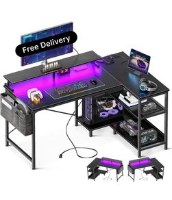 L Shaped Gaming Desk with LED Lights, 120 x 80 cm Computer Desk with Power Outlet