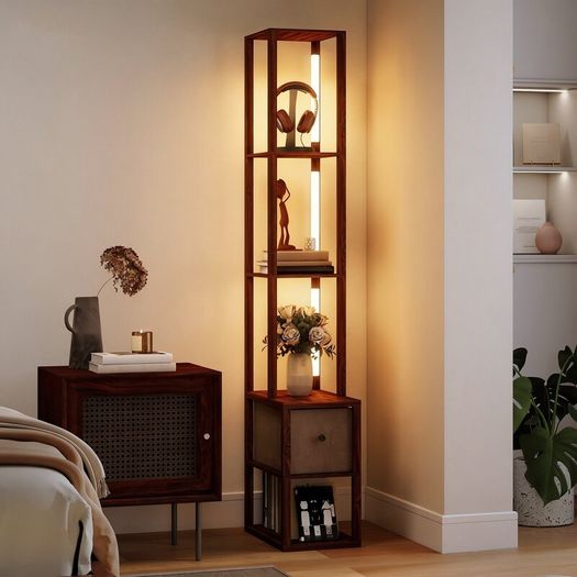 Floor Lamp with Shelves, LED Column Modern Standing Lamp with Fabric Drawer