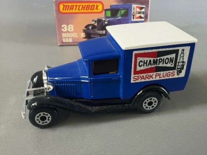 Matchbox Superfast No. 38 Model A Ford Van Champion Spark Plugs with Original Box