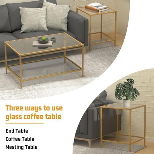 Nesting Tables, Set of 2 End Table, Coffee Tables, Side Table with Metal Frame for Living Room/Bedroom/Balcony/Office/Apartment, Diameter 60/40 cm (Gold Frame, Glass Top)