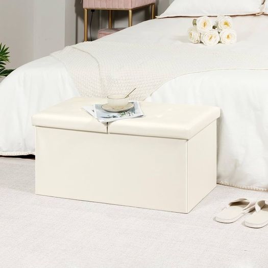 NEW SALE | Folding Storage Ottoman Bench with Flipping Lid, Entryway Bench with Padded Seat,White Faux Leather Ottoman for Bedroom,76x38x38cm