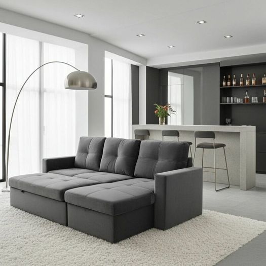 Grey velvet Corner Sofa Bed with Storage