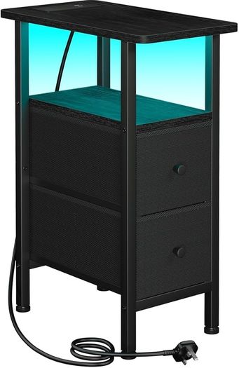 Slim Bedside Table with Charging Station, Narrow Side Table with LED Lights, Small End Table with 2 Fabric Drawers, Nightstand for Small Spaces, Living Room, Bedroom, Black
