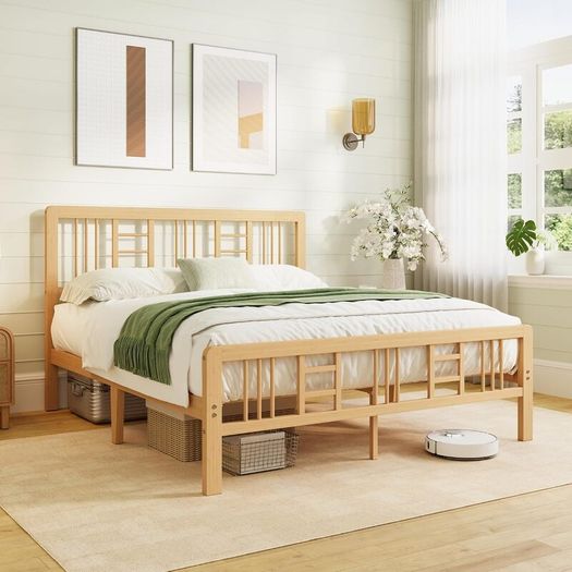 Wooden Double Bed Frame with Headboard - Bamboo Wood Bed Frames with Metal Slats Support and Underbed Storage, Easy to Install, Noise Free, Sturdy, 30.5 cm High