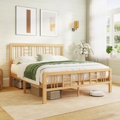 Wooden Double Bed Frame with Headboard - Bamboo Wood Bed Frames with Metal Slats Support and Underbed Storage, Easy to Install, Noise Free, Sturdy, 30.5 cm High