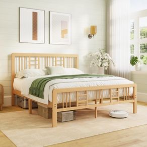 Wooden Double Bed Frame with Headboard - Bamboo Wood Bed Frames with Metal Slats Support and Underbed Storage, Easy to Install, Noise Free, Sturdy, 30.5 cm High