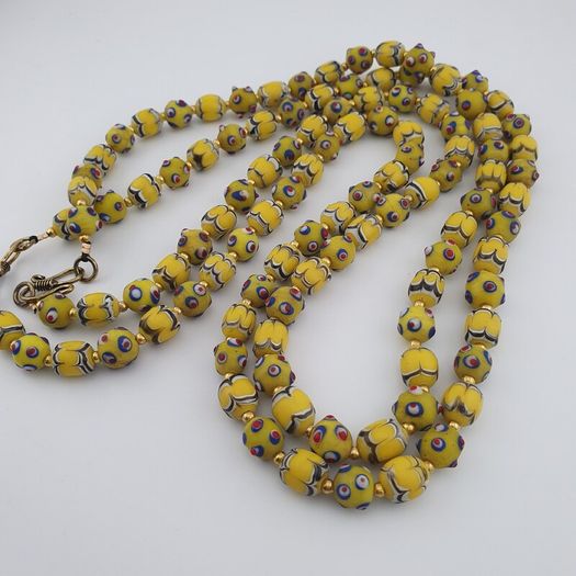 Antique Venetian Style Yellow Skunk & Trade Glass Beads Necklace