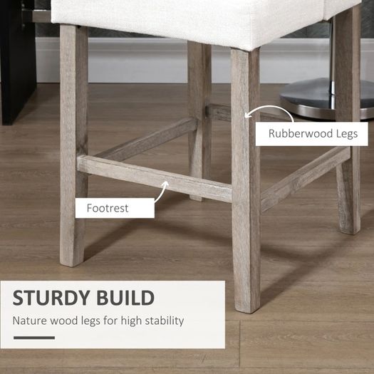 Set of 2 Bar Stools with Button Tufting, Solid Wood, incl. Footrest, 47 cm x 50 cm x 101 cm, Gray + Natural