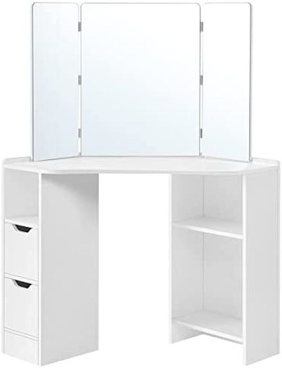 _Dressing table, corner dressing table, dressing table, cosmetic table, 3-part folding mirror, 2 drawers, 3 open compartments, 110 x 54 x 140 cm, modern, white