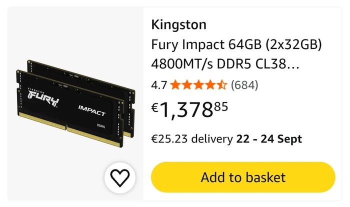 Kingston Fury Impact RAM 64GB (2x32GB) 4800MT/s DDR5 SODIMM Gaming
