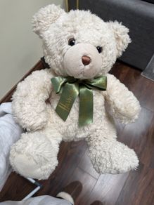 white Harrods teddy bear with a green ribbon.